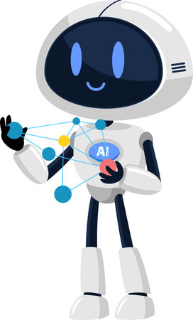 Al Robot Cartoon Character Holding Data Network Connections Machine Learning - Vector Illustration...