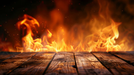 Wooden table in front of a fire with flames on the backgroundの素材