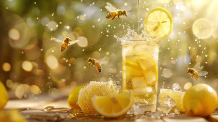 Lemonade with ice and honey on a wooden table in the gardenの素材