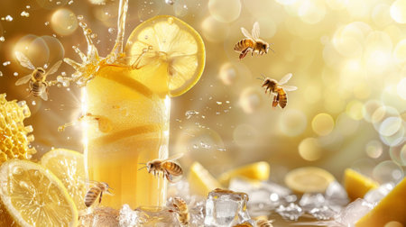 Lemonade with ice and honey on a bokeh backgroundの素材