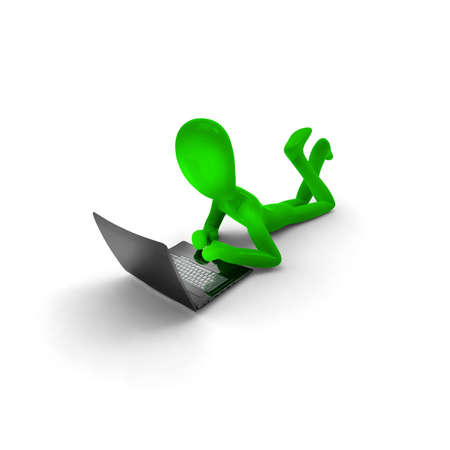  green man with laptop isolated on white background. 3d renderの写真素材