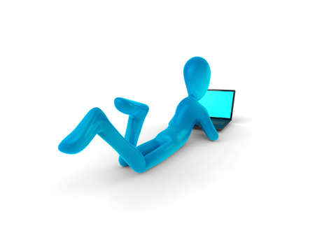 blue man with laptop isolated on white background. 3d renderの写真素材