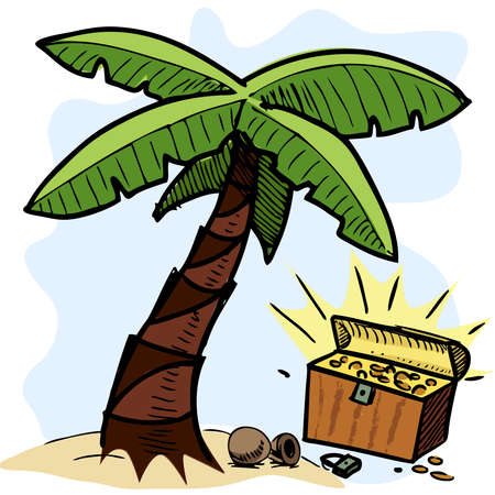 Palm tree and pirate chest on the seashoreのイラスト素材