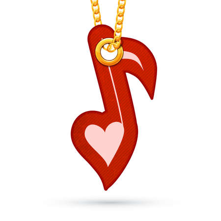 Label tag hanging on golden chain. Red design element isolated on white. Vector illustrationのイラスト素材