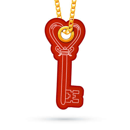 Label tag hanging on golden chain. Red design element isolated on white. Vector illustrationのイラスト素材