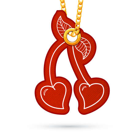 Label tag hanging on golden chain. Red design element isolated on white. Vector illustrationのイラスト素材