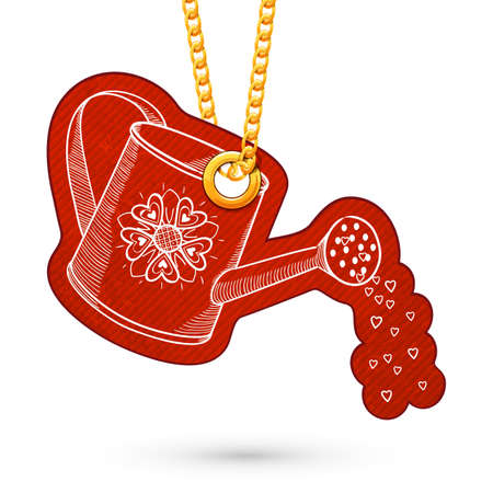 Label tag hanging on golden chain. Red design element isolated on white. Vector illustrationのイラスト素材