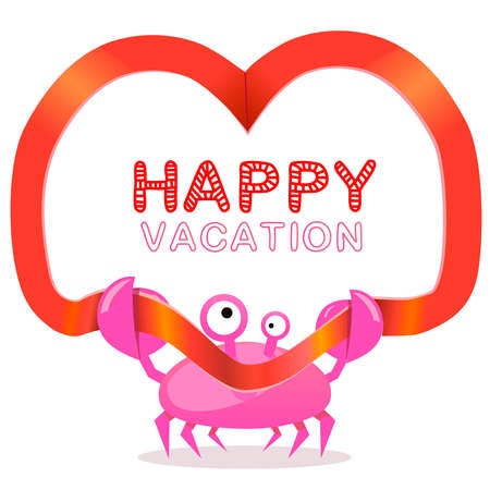 Funny crab with red heart ribbon and Happy vacation text. のイラスト素材