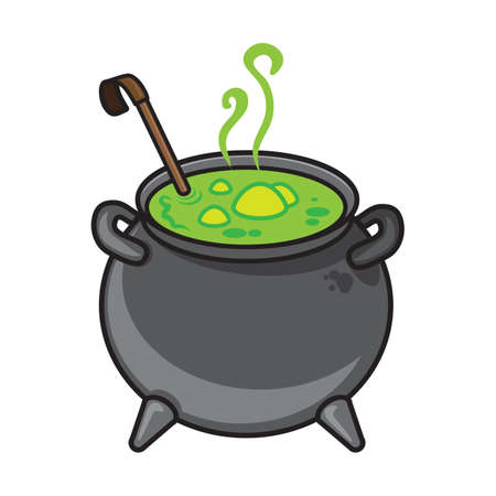 Halloween cartoon kettle with potion isolated on white.のイラスト素材