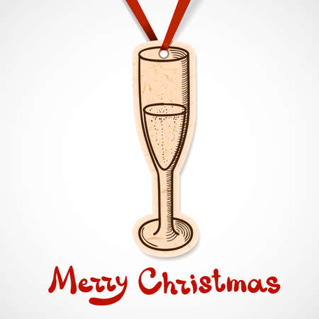 Champagne glass. Paper label on ribbon.のイラスト素材