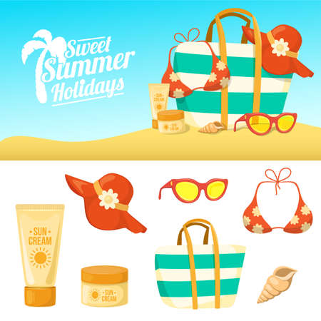 Tropic vacation backdrop design. Holiday accessories symbols set.のイラスト素材