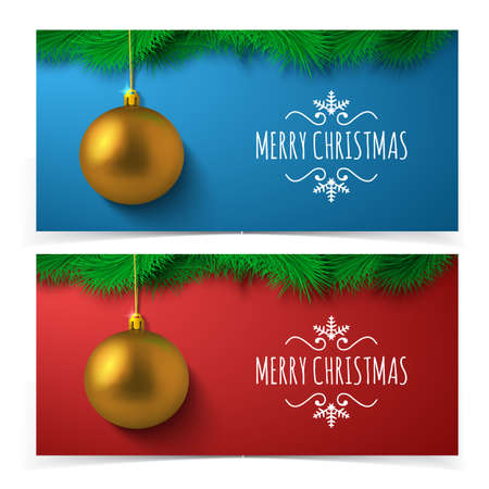 Golden ball, fir tree decoration and text. Vector template.のイラスト素材