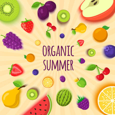 Summer fruits and berries vector illustration. Easy to edit design template.のイラスト素材