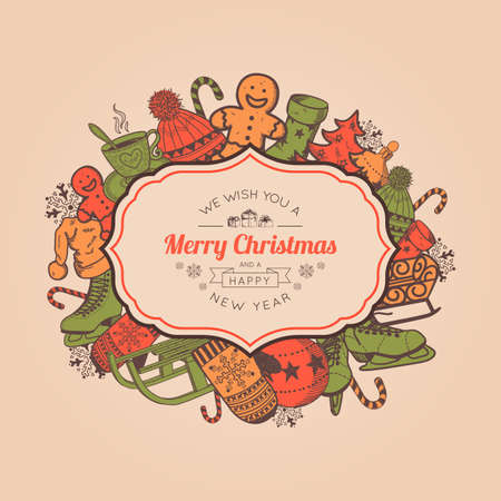 Christmas and New year card template. Vector vintage background.のイラスト素材