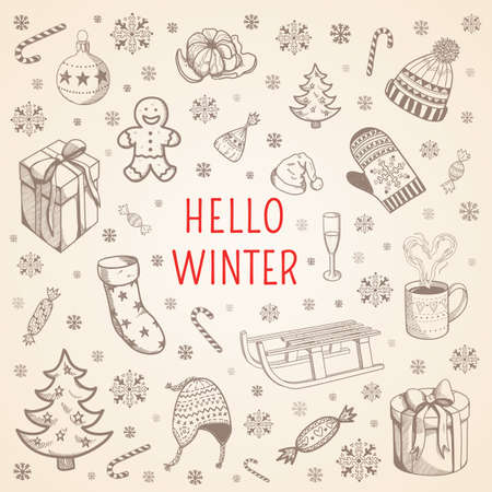 Cute sketch of winter associations and text. illustration.のイラスト素材