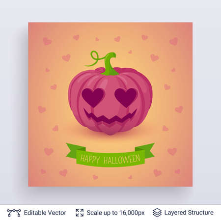In love carved pink pumpkin. Cute romantic Halloween concept on white background.のイラスト素材