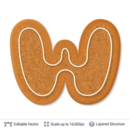 Gingerbread cookie with alphabet letter W shape, isolated on white.のイラスト素材
