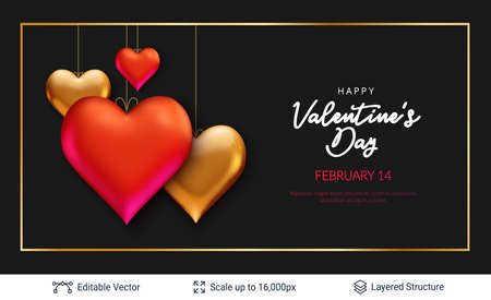 3D hearts and luxurious golden frame on black.のイラスト素材