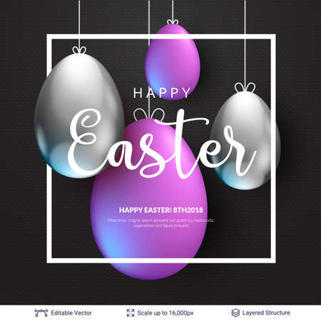 Easter background template with hanging painted eggs.のイラスト素材