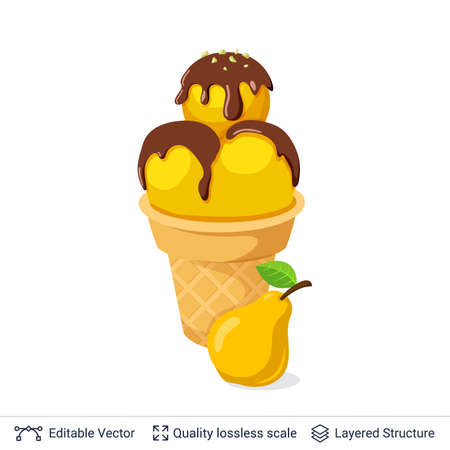 Yellow ice cream ball in waffle cup with chocolate topping and crispy nuts.のイラスト素材