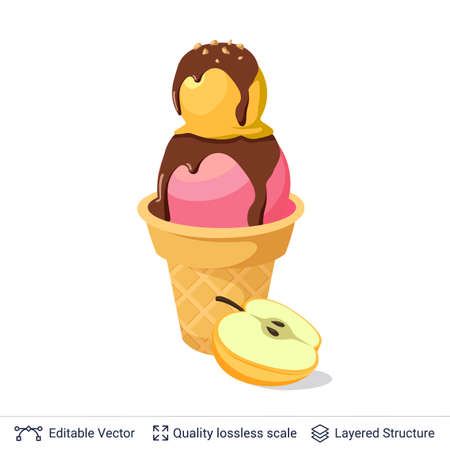 Pink and yellow ice cream balls in waffle cup with chocolate topping and apple.のイラスト素材