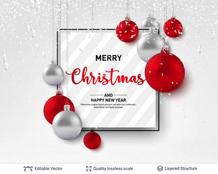 3D glossy fir tree decorative toys. New Year holiday banner template.のイラスト素材