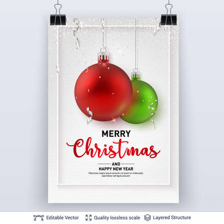 3D glossy fir tree decorative toys. New Year holiday banner template.のイラスト素材