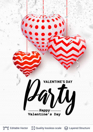 Heart shaped air balloons on Valentines Day greeting background.のイラスト素材