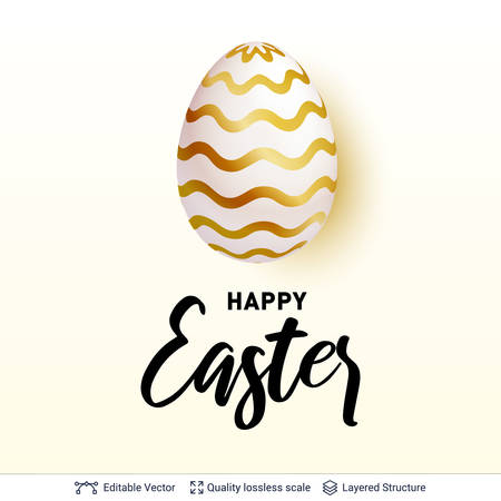 Realistic egg with golden pattern and greeting text on light backdrop. Vector backround.のイラスト素材