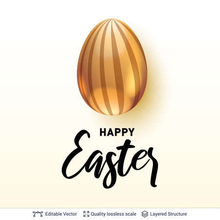 Realistic golden egg and greeting text on light backdrop. Vector backround.のイラスト素材