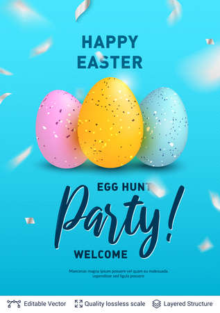 Bright painted eggs, confetti and greeting text on blue backdrop. Vector backround.のイラスト素材