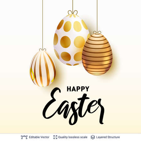 Painted eggs with golden pattern and greeting text on light backdrop. Vector backround.のイラスト素材