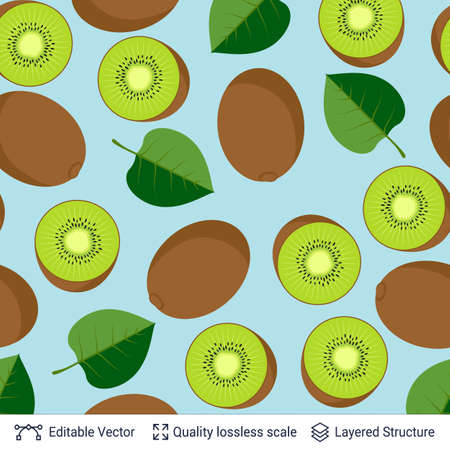 Seamless pattern of kiwi fruits and green leaves.のイラスト素材