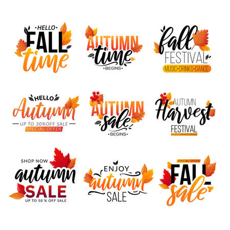 Set of fall text compositions isolated on white.のイラスト素材