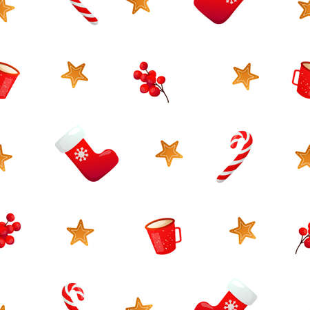 Gingerbread cookies, candy canes and gift stockings.のイラスト素材
