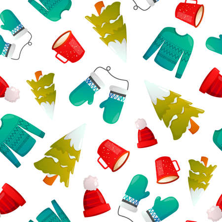 Fir trees and winter clothing vector background design.のイラスト素材