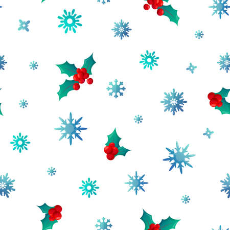 Holly and snowflakes vector background design.