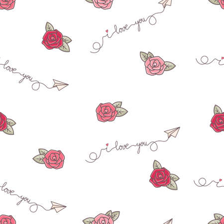 Sketch roses and love text in seamless pattern.のイラスト素材
