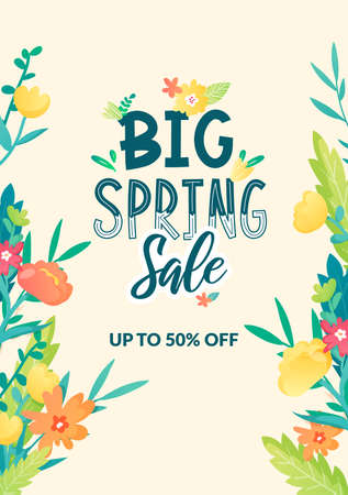 Spring ad sale text and bright flowers.のイラスト素材
