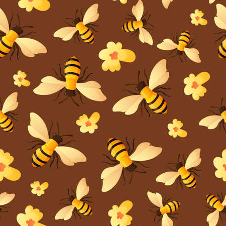 Bee insects and yellow flowers seamless pattern.のイラスト素材