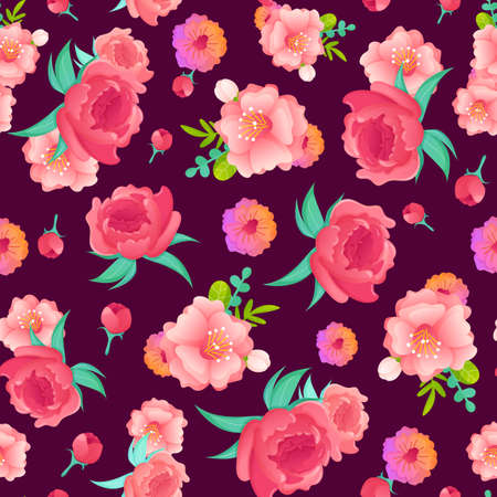 Pink garden wild flowers seamless pattern.のイラスト素材