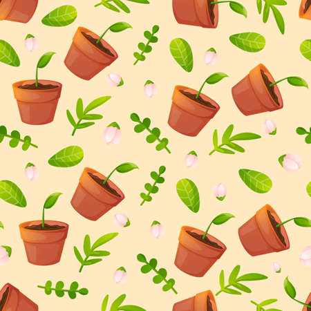 Plant pots with green herbs and leaves seamless pattern.のイラスト素材