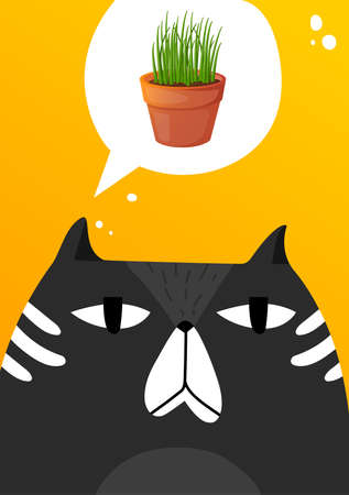 Cat with green grass in thought bubble.のイラスト素材