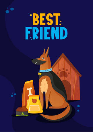 Dog with pet care equipment and text label.のイラスト素材