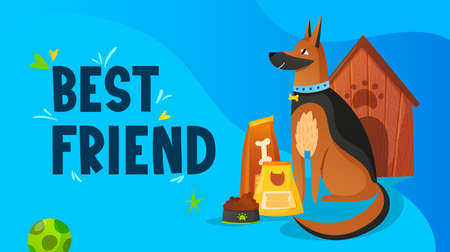 Dog with pet care equipment and text label.のイラスト素材