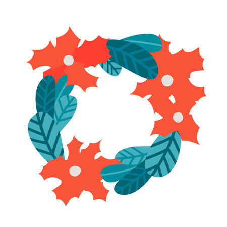 Holiday wreath of green leaves and red flowers.のイラスト素材