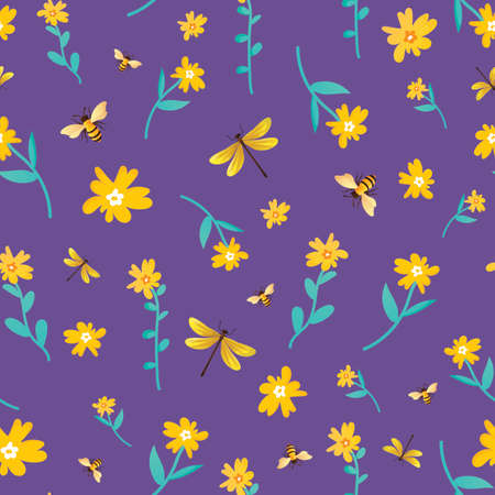 Seamless pattern with flowers, bees and dragonflies.のイラスト素材