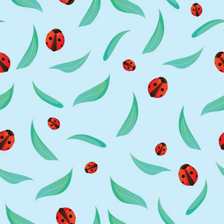 Seamless pattern with green leaves and ladybugs.のイラスト素材
