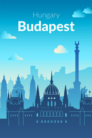 A Stunning and Detailed Illustration of Budapest, Hungary Featuring Its Iconic Landmarksのイラスト素材