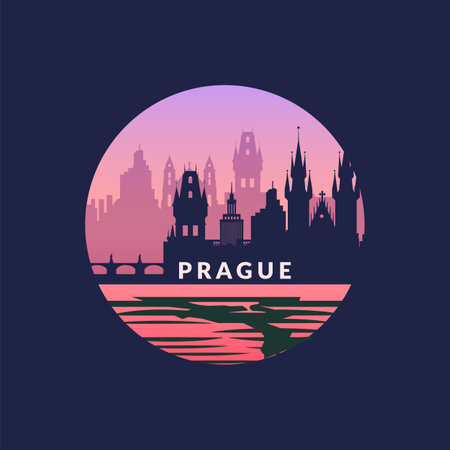 The Beautiful and Striking Silhouette of Pragues Iconic Historical Landmarks at Sunsetのイラスト素材